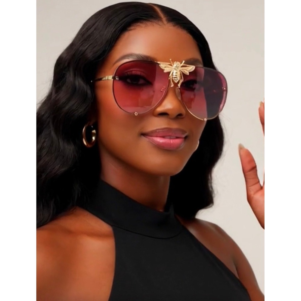 Bee Aviator Sunglasses Gold Accents Pink Mirror Lens Fashion Hip Hop Street Wear